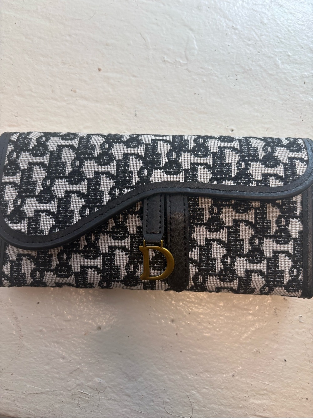 Dior Black & White Monogram Fold-Over Wallet with Gold 'D' Accent